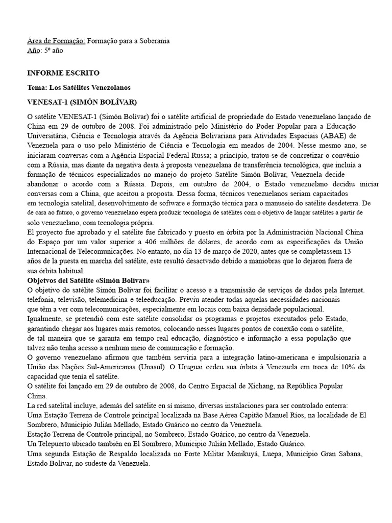 Satélites Venezuelanos: VENESAT-1 e VRSS-1 | PDF | Satélite | Venezuela