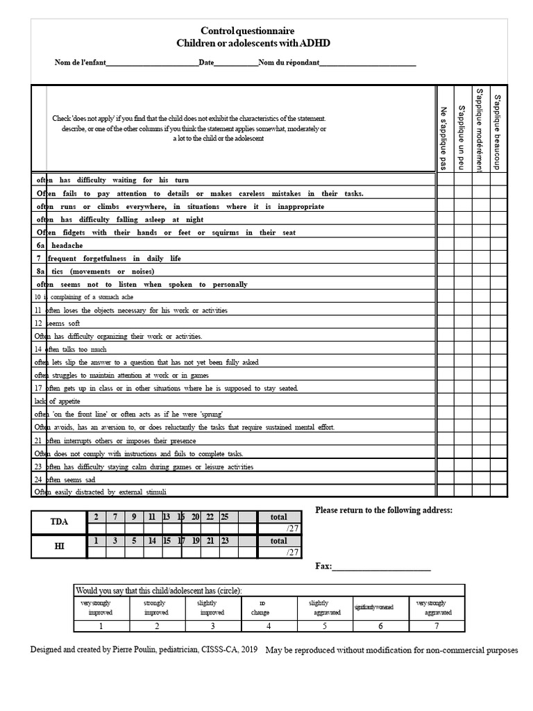 ADHD Control Questionnaire for Kids | PDF | Attention Deficit ...