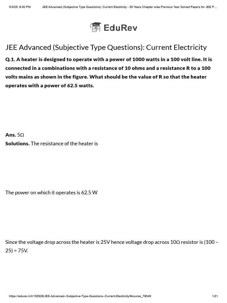 JEE Advanced Current Electricity Problems | PDF | Voltage | Volt