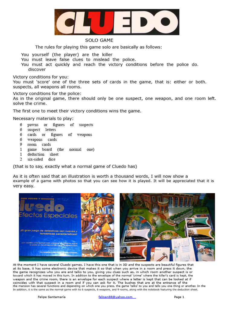 Solo Cluedo Game Rules and Strategy | PDF