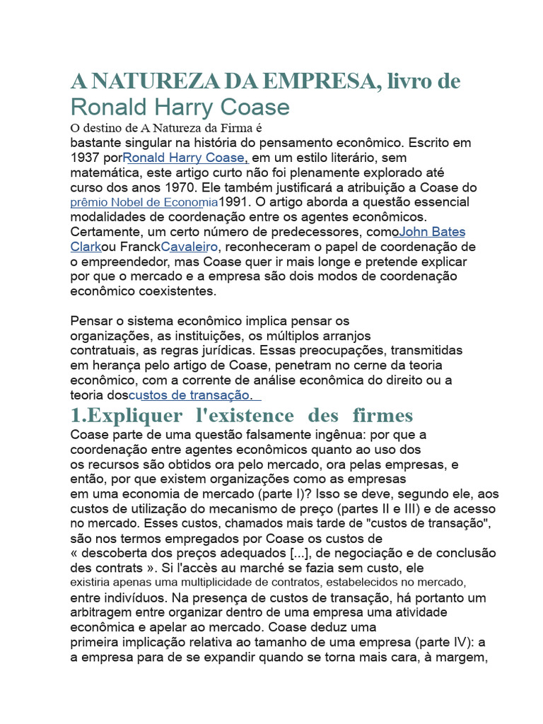 A Natureza da Firma - Rh Coase | PDF | Economia | Custo de transação