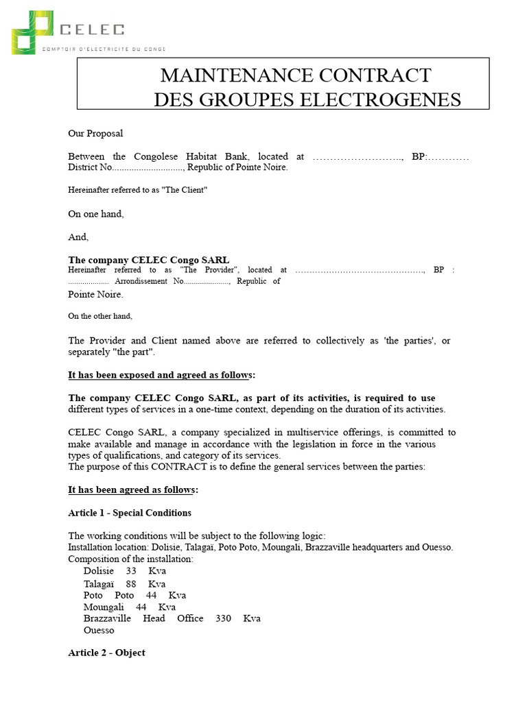 Generator Maintenance Contract Proposal | PDF | Battery Charger | Receipt