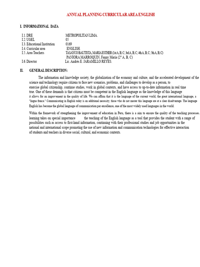 Annual English Curriculum Plan 2023 | PDF | Information | Learning