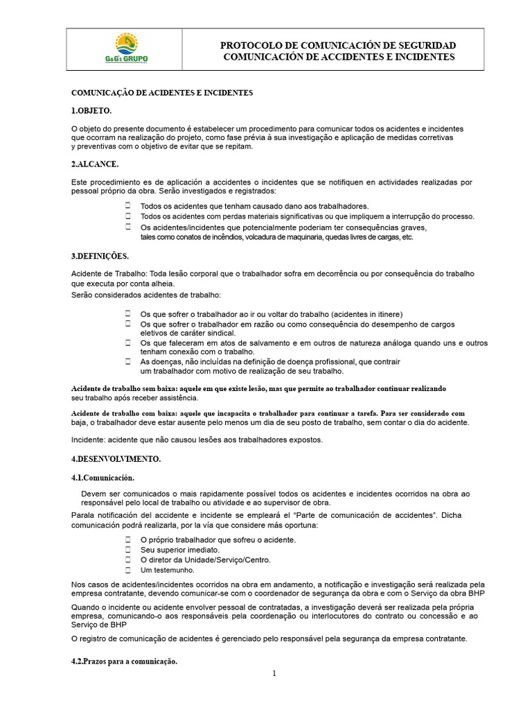 PROTOCOLO DE COMUNICAÇÃO DE SEGURANÇA ACIDENTES E INCIDENTES | PDF ...