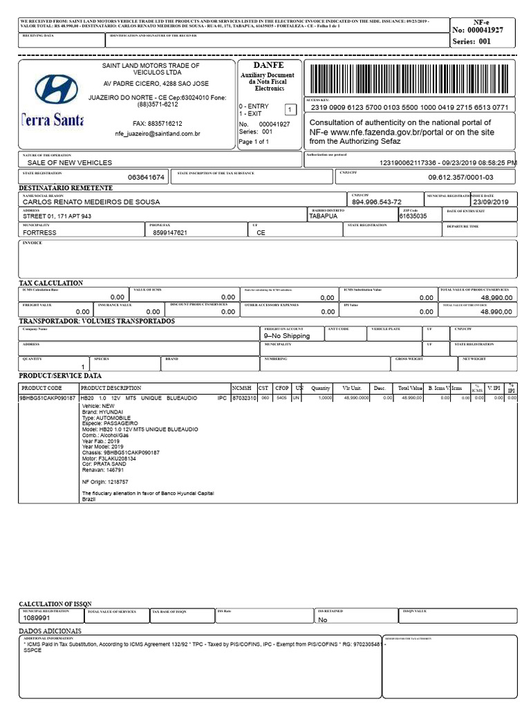 NFe23190909612357000103550010000419271565130771-nfe.pdf | PDF | Invoice