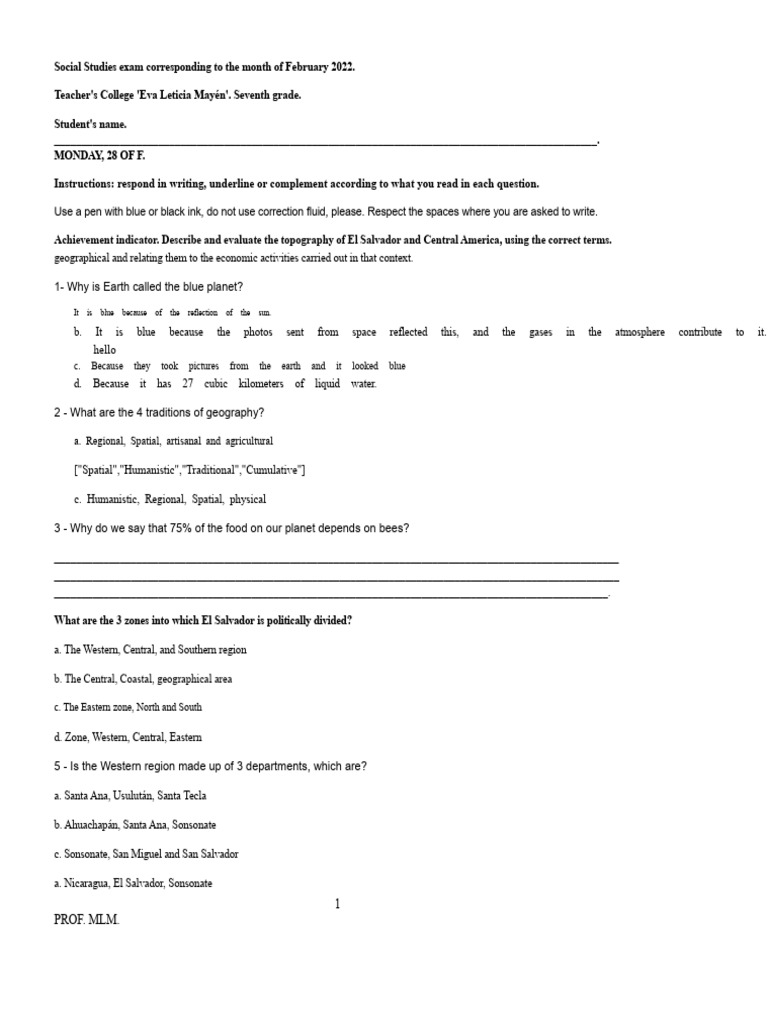 Social Studies Exam 7th Grade (1) For Monday, February 28. | PDF ...