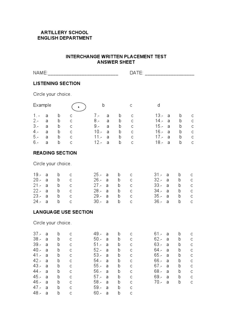 Interchange Placement Test Answer Sheet | PDF