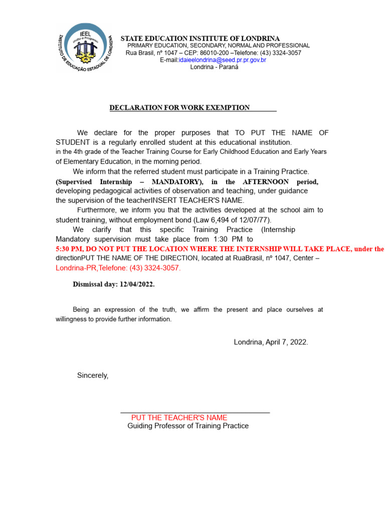 Model of Work Exemption Declaration - Internship | PDF