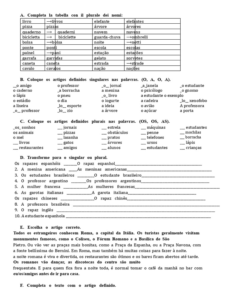 Atividade 1 - PT 1 - Singular-Plural e Os Artigos Definidos | PDF | Roma