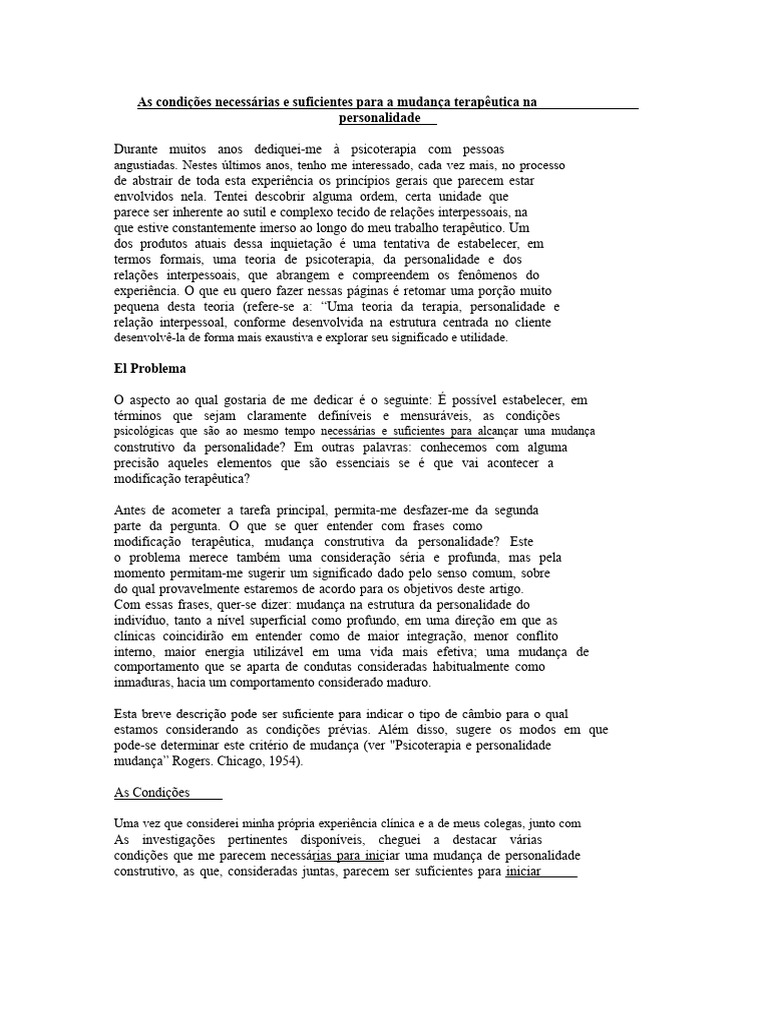 Condições para Mudança na Personalidade | PDF | Psicoterapia | Experiência