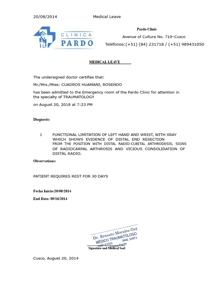 Medical Leave Certificate for Injury | PDF