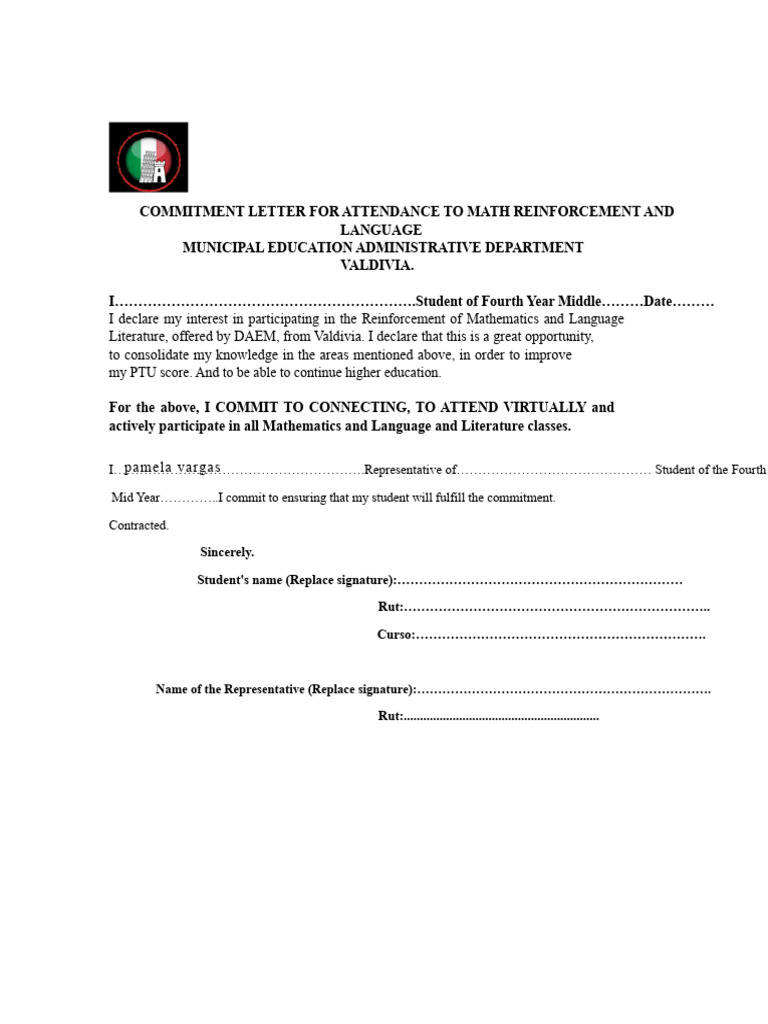 Commitment Letter for Math & Language Attendance | PDF