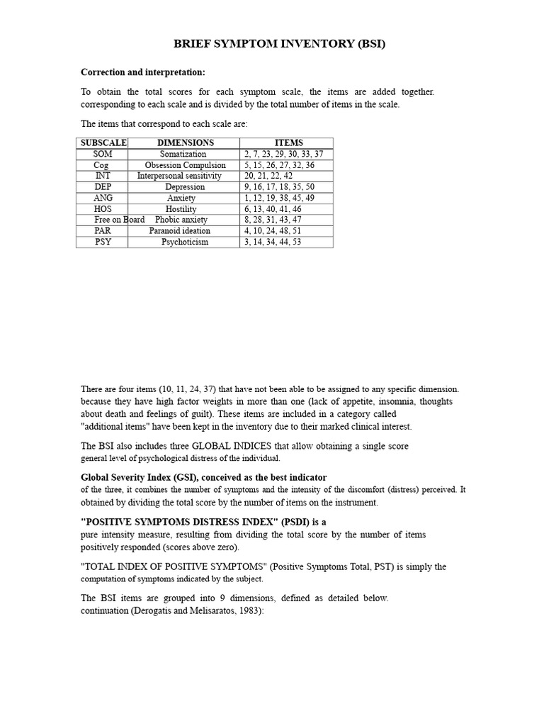 Brief Symptom Inventory (BSI) Guide | PDF | Anxiety | Emotions
