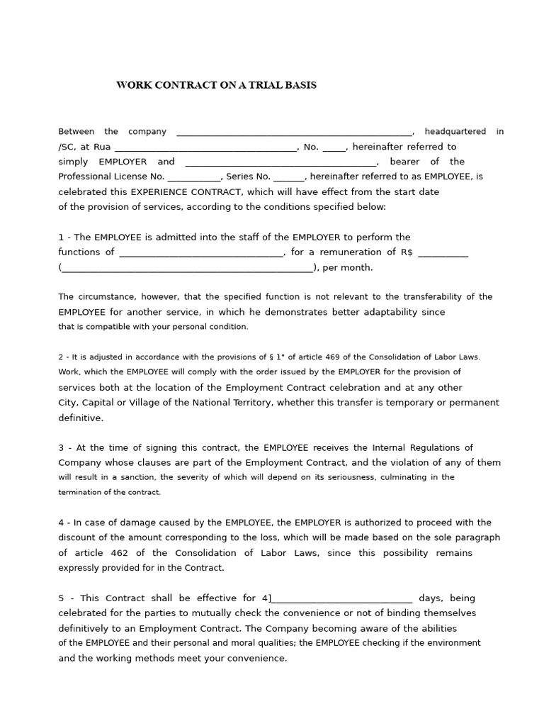 Trial Work Contract Template | PDF | Employment | Civil Law (Legal System)
