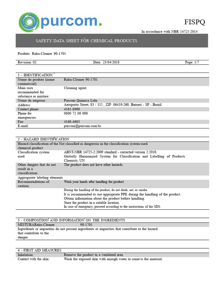 Raku-Cleaner 90-1701 Safety Data Sheet | PDF | Dangerous Goods | Toxicity
