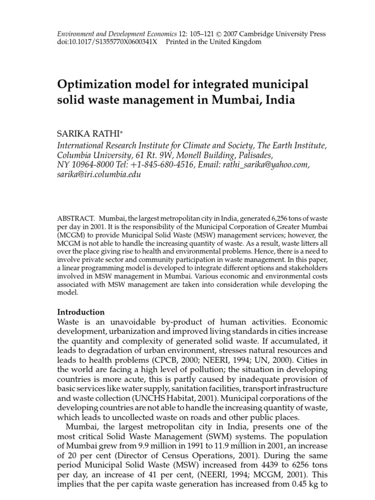 Optimization Model For Integrated Municipal Solid Waste Management in ...
