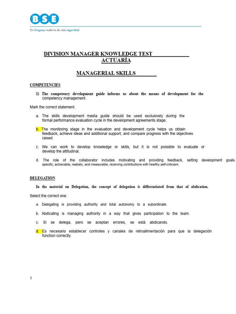 Division Manager Knowledge Assessment | PDF | Decision Making | Project ...