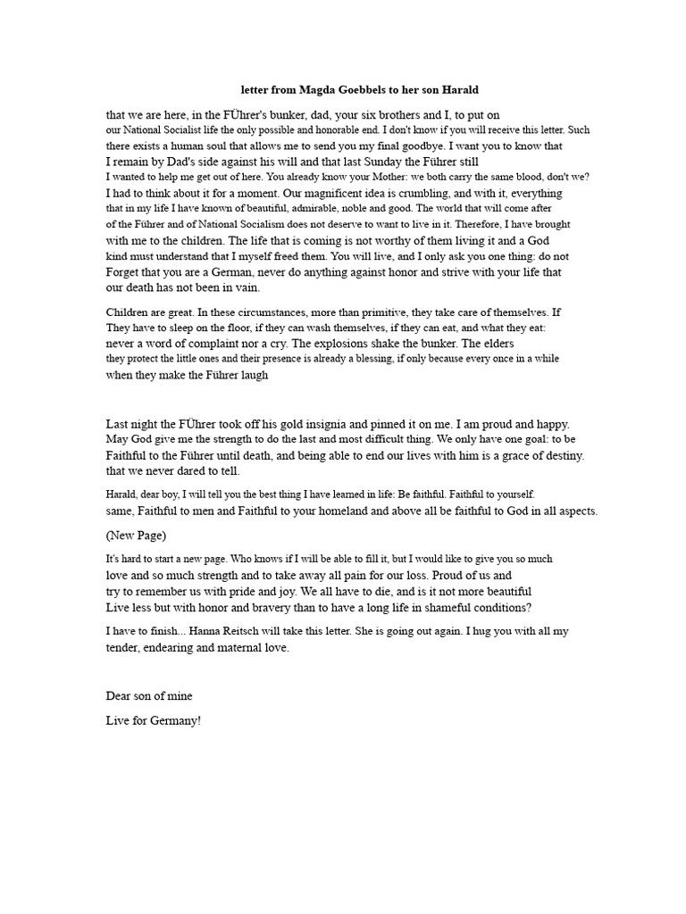 Magda Goebbels' Final Letter to Harald | PDF | Nazism