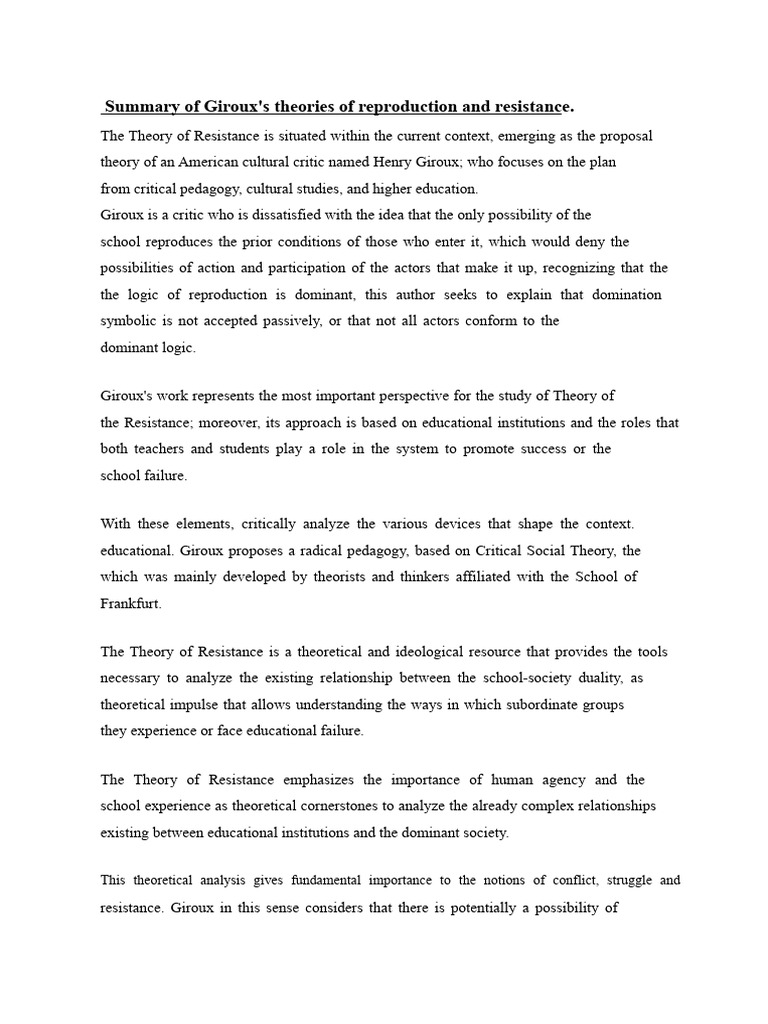Summary of Giroux's Theories of Reproduction and Resistance | PDF ...