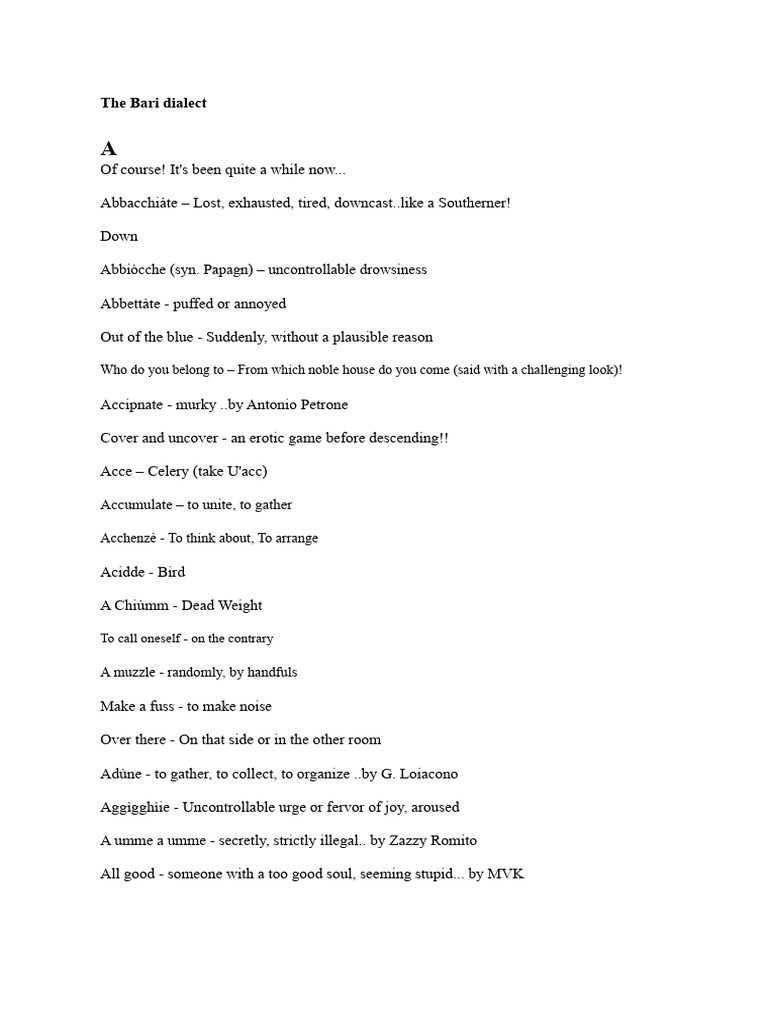 Bari Dialect Vocabulary Guide | PDF