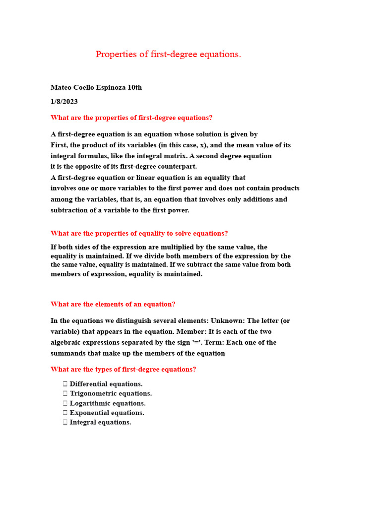 Properties Of First Degree Equations Pdf