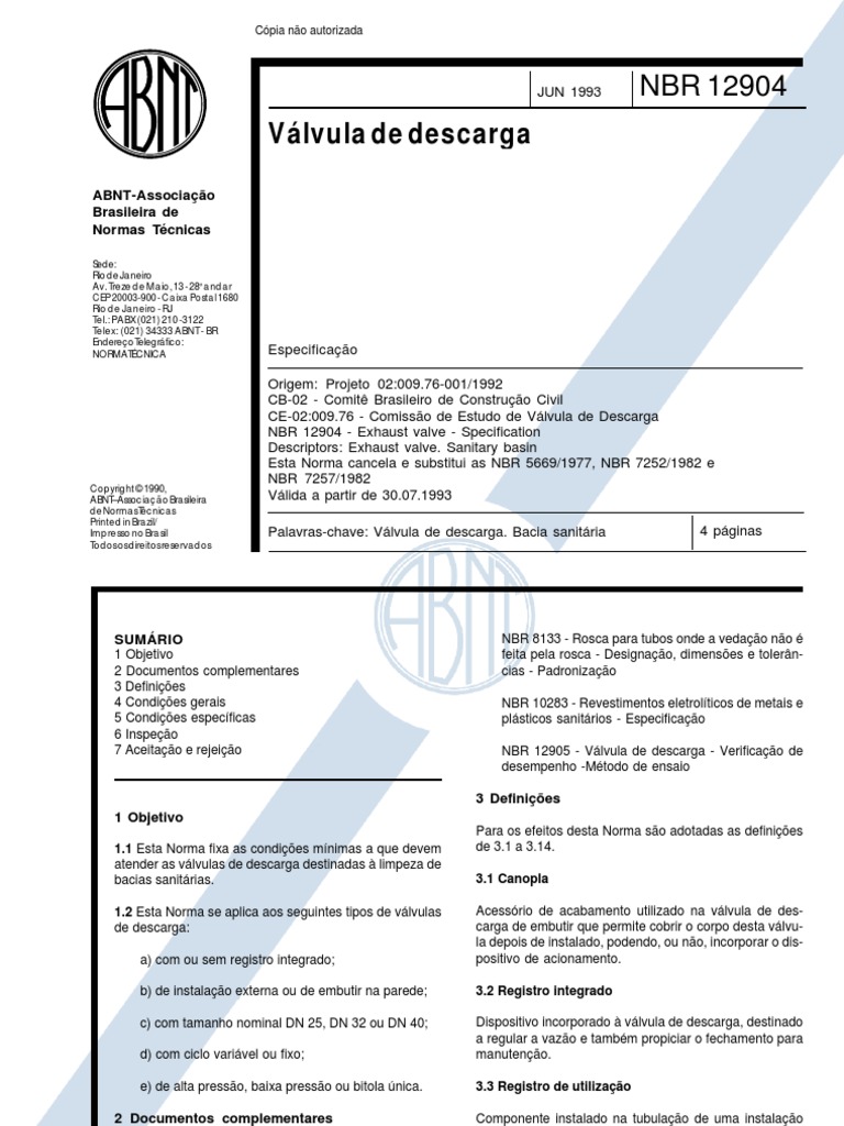 NBR 12904 1993 Valvula de Descarga | PDF | Pressão | Tempo