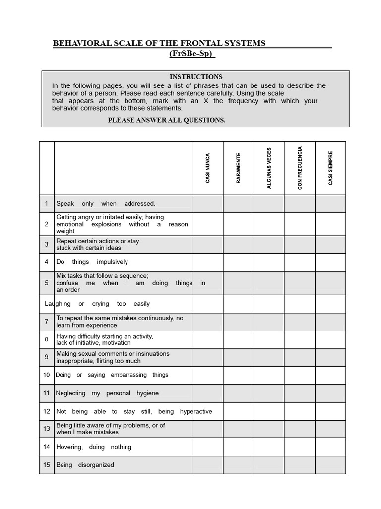 Frontal Systems Behavior Scale (FRSBE) | PDF | Psychology | Behavioural ...
