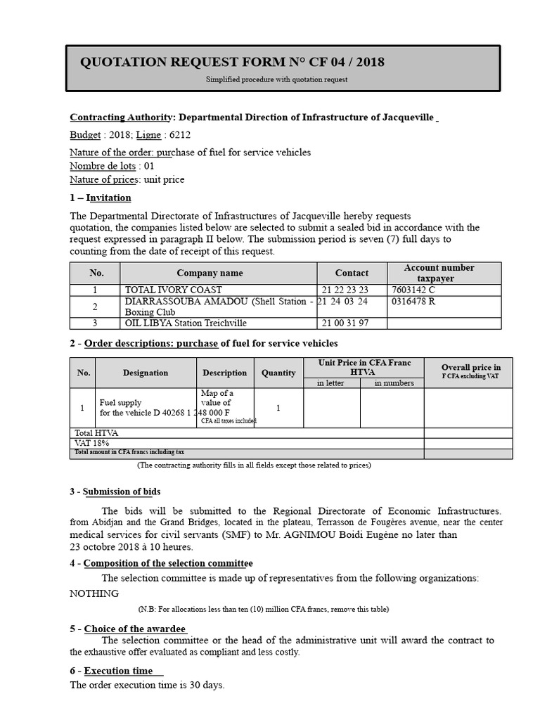 REQUEST FOR QUOTATION CF 04-2018 DD Jacqueville | PDF | Government ...