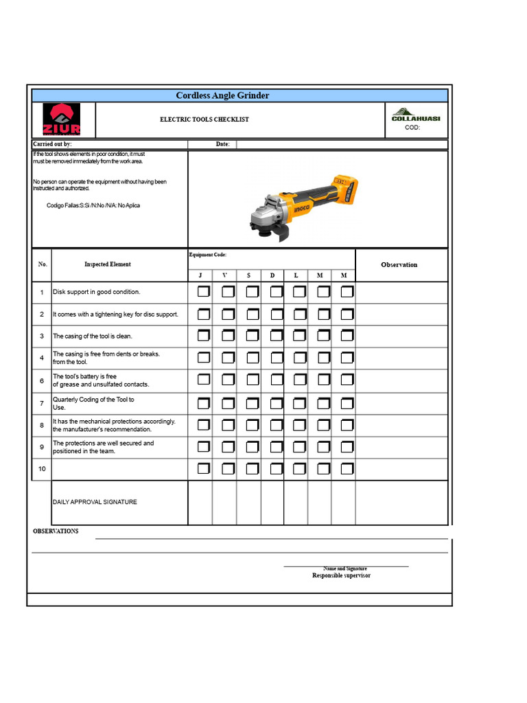 Cordless Angle Grinder Safety Checklist | PDF