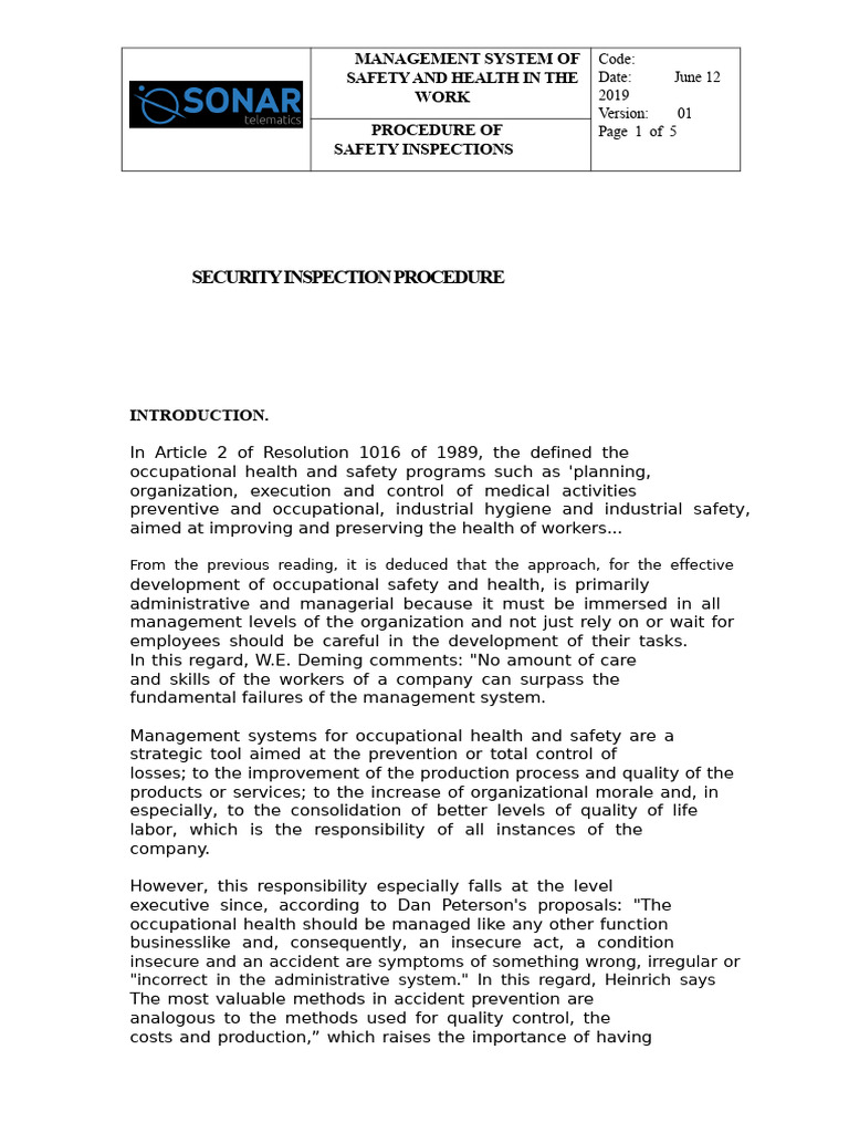 Safety Inspection Procedures Overview | PDF | Occupational Safety And ...