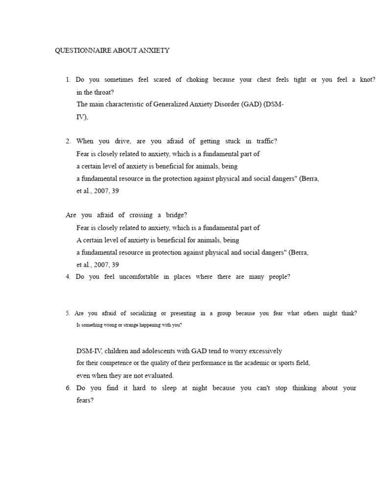 Anxiety Disorder Questionnaire | PDF | Anxiety | Generalized Anxiety ...