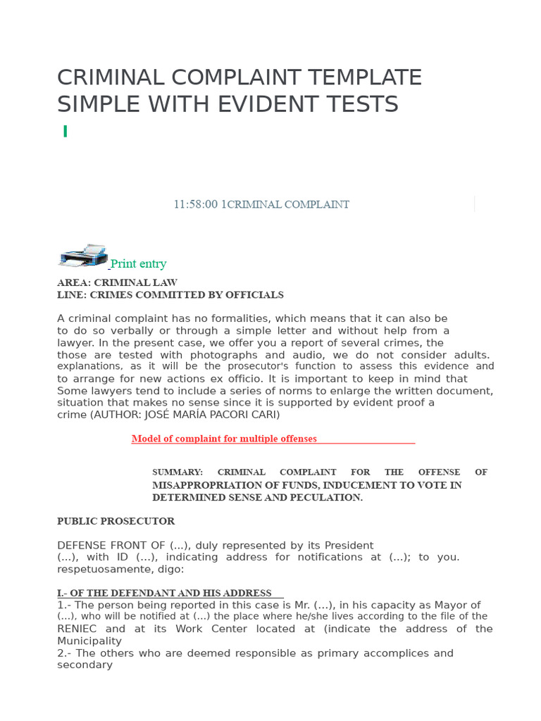 Criminal Complaint Template for Officials | PDF | Crimes | Crime & Violence