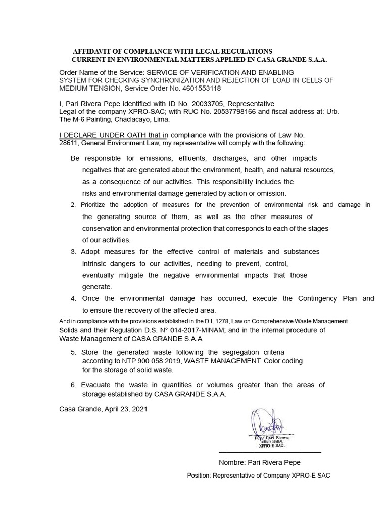Affidavit of Compliance with Environmental Regulations | PDF