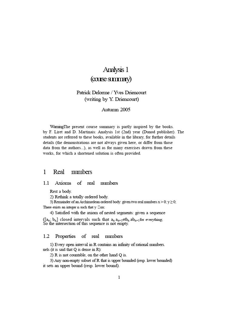 Analysis 1 Course Summary | PDF | Limit (Mathematics) | Sequence