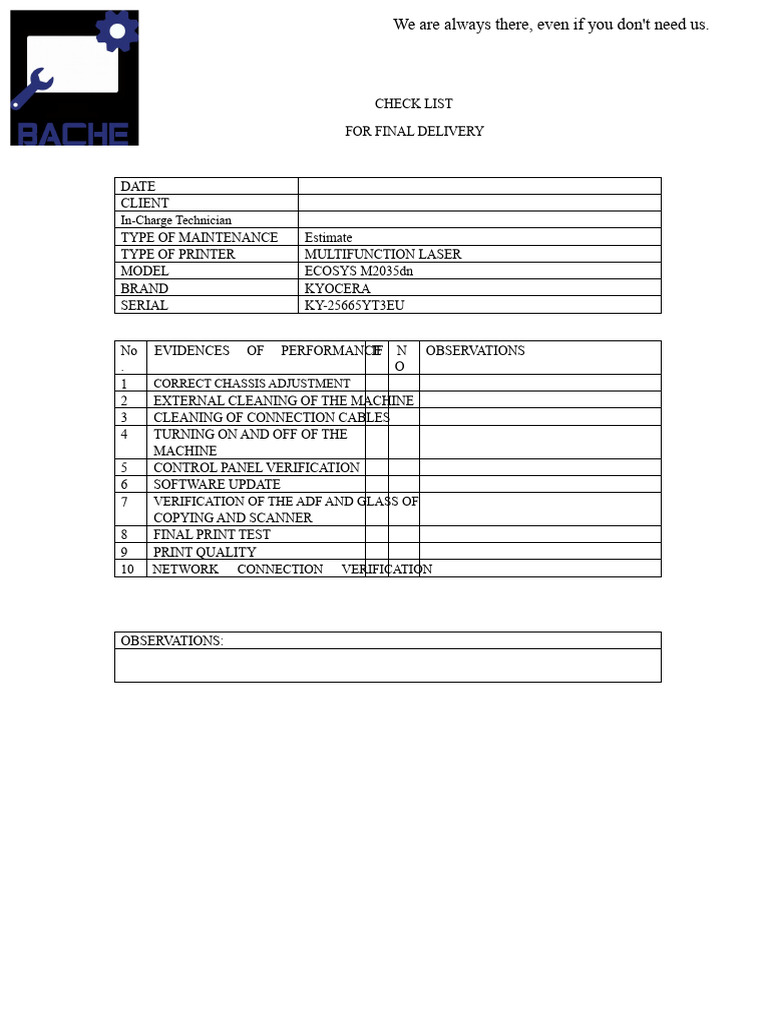 Printer Maintenance Final Delivery Checklist | PDF