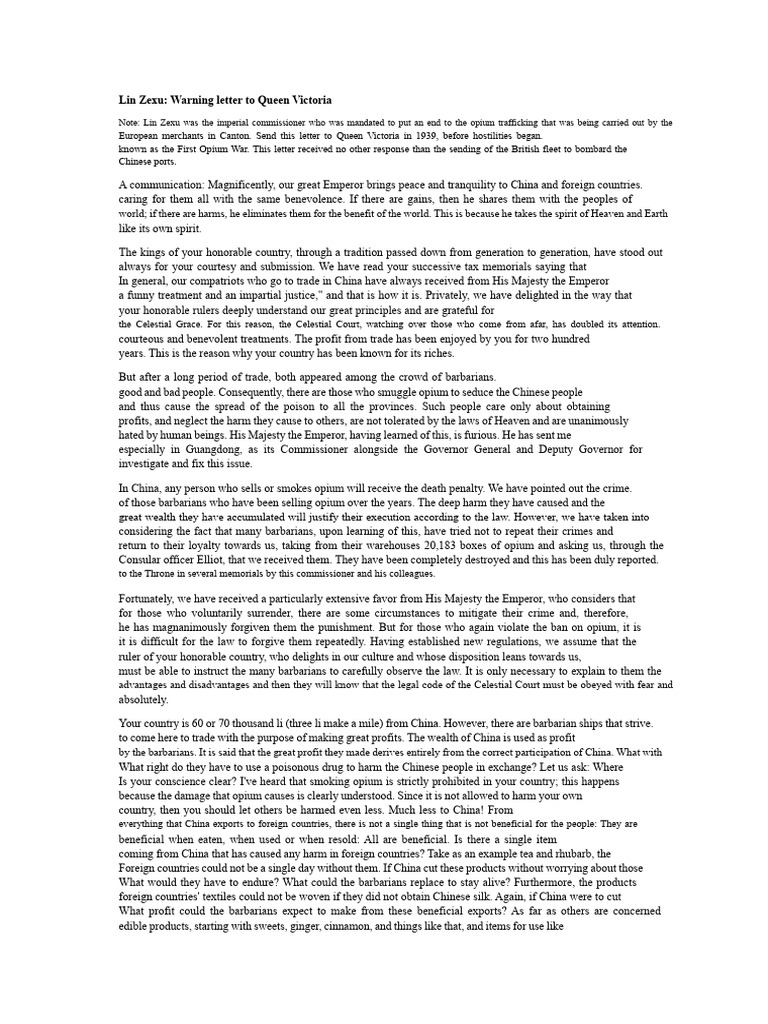 Lin Zexu's Letter to Queen Victoria | PDF
