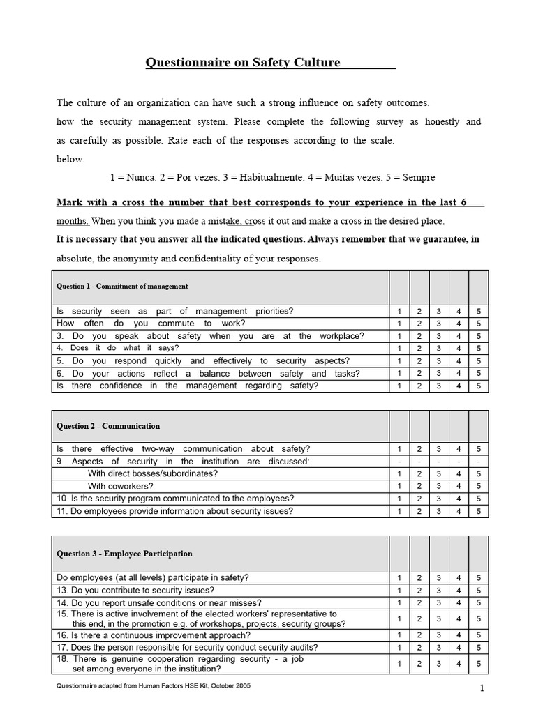 Safety Culture Questionnaire Survey | PDF | Safety | Evaluation