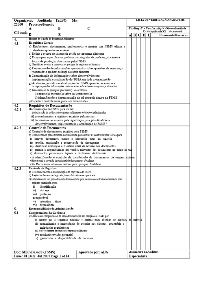 Checklist ISO 22000 Fsms f6.4-22 (Fsms) | PDF