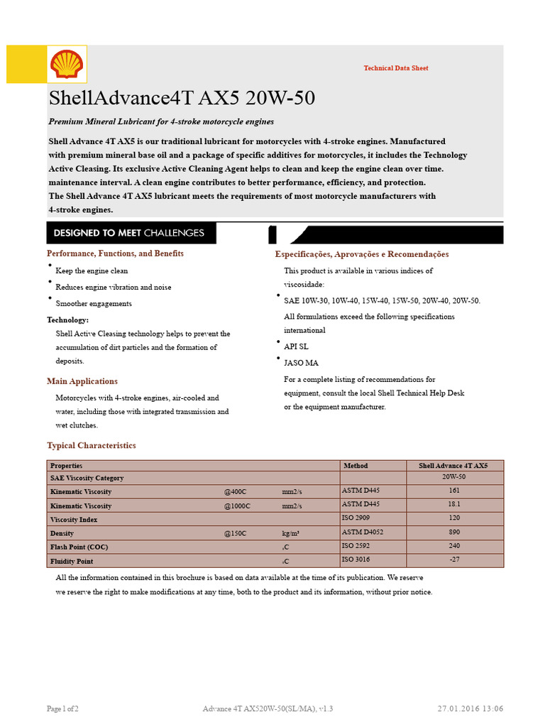 Shell Advance 4T AX5 20W-50 Lubricant | PDF | Lubricant | Viscosity