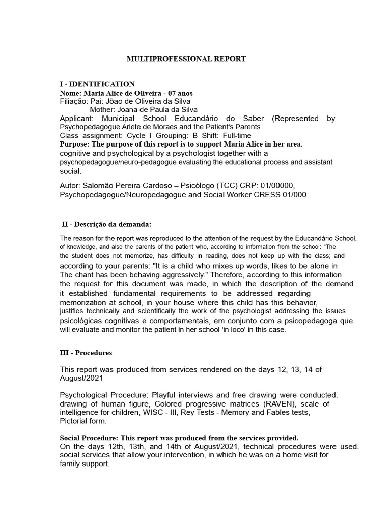 Multiprofessional Assessment for Maria Alice | PDF | Learning ...