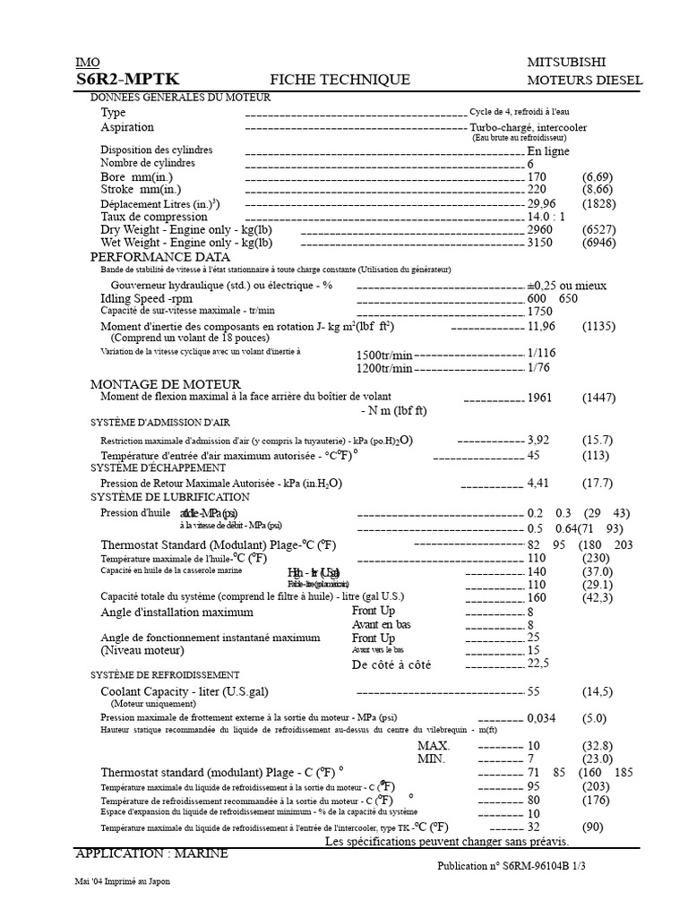 Fiche technique moteur diesel Mitsubishi S6R2-MPTK | PDF | Injection ...