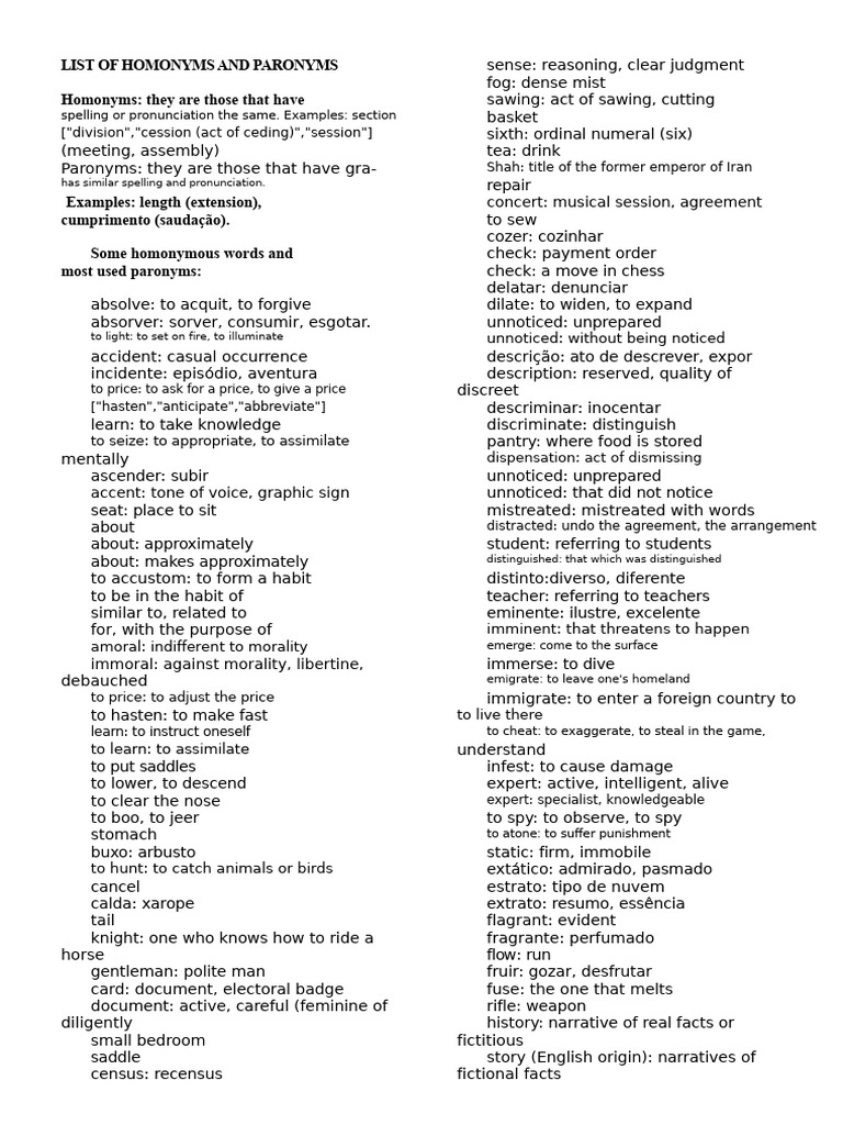 List of Homonyms and Paronyms | PDF