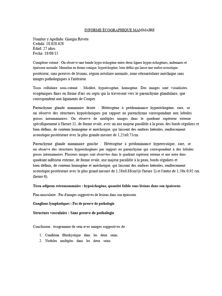 Écogramme mammaire : fibrokystose et nodules | PDF