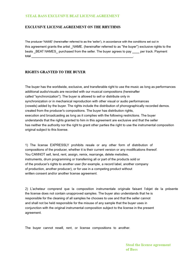 Exclusive Beat License Agreement | PDF | License | Royalty Payment