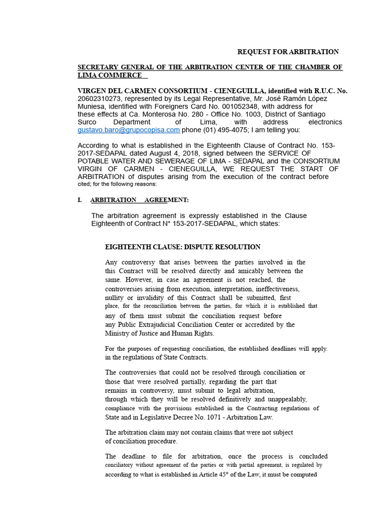 Arbitration Request: Virgen del Carmen Consortium | PDF | Arbitration ...