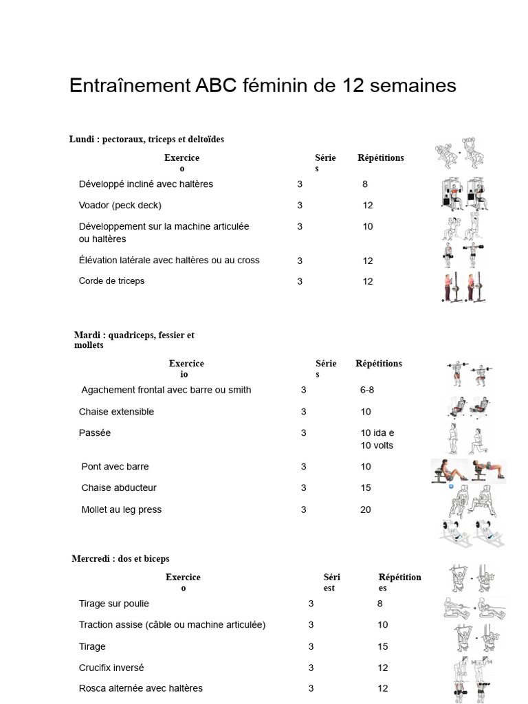 Programme d'entraînement féminin 12 semaines | PDF | Musculation ...
