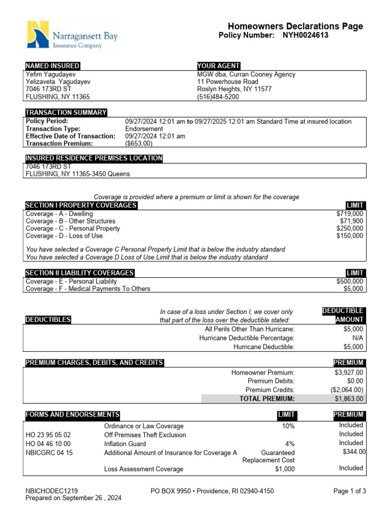Homeowners Insurance Declarations Page | PDF | Insurance | Home Insurance