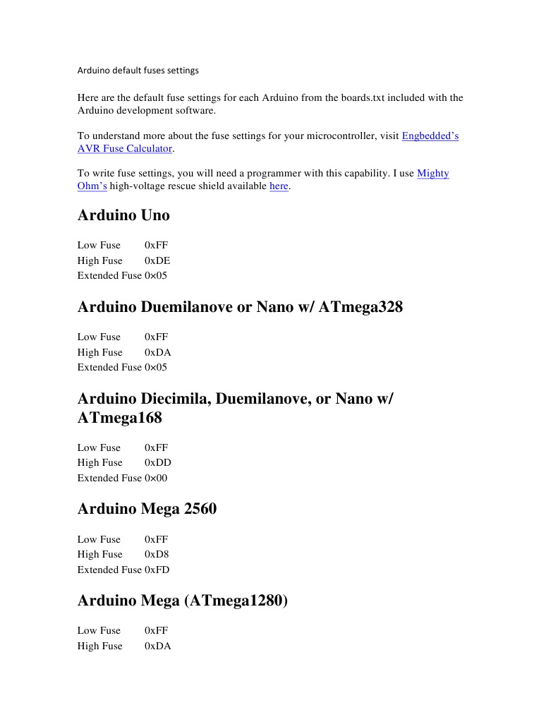 Arduino Default Fuses Settings | PDF