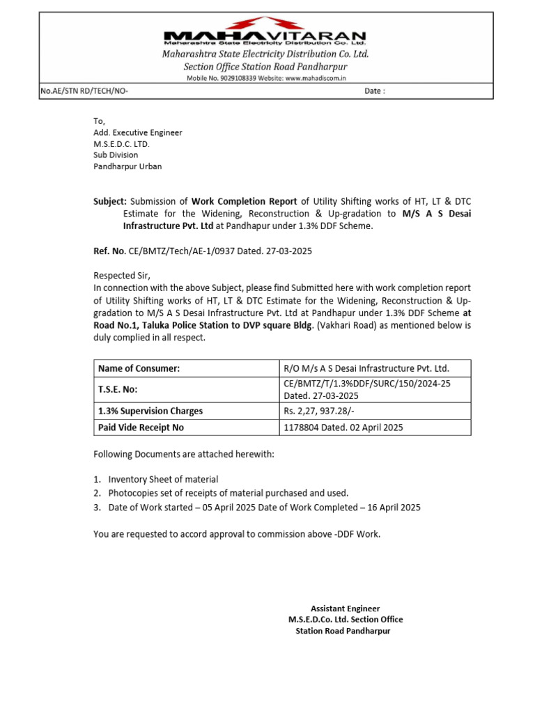Utility Shifting Work Completion Report | PDF | Electricity ...