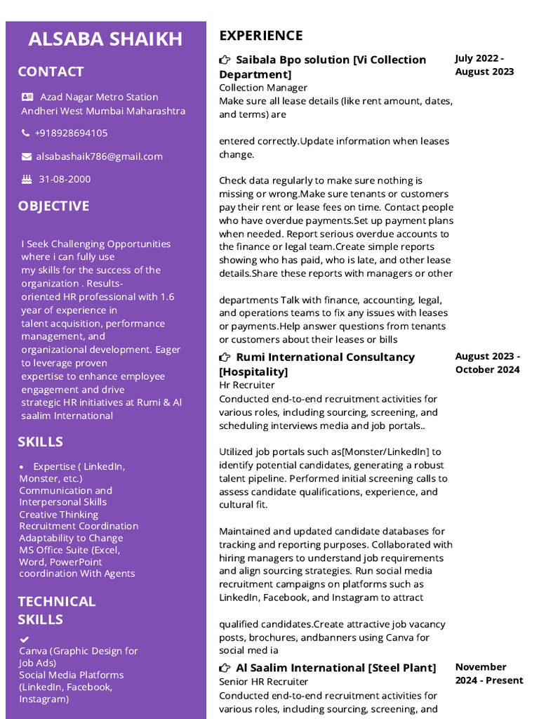 HR Recruiter Resume for Azad Nagar | PDF | Recruitment | Linked In
